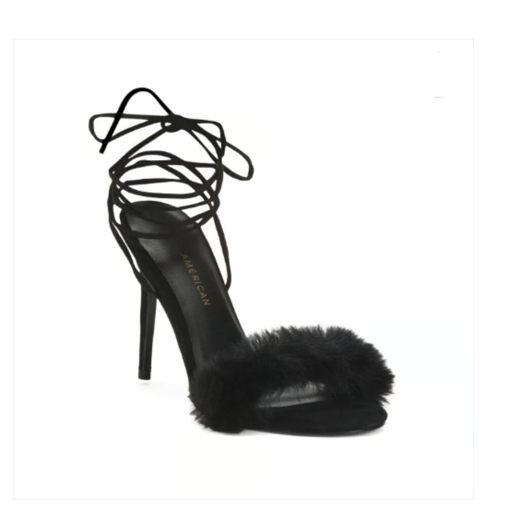 Good American Furry Wrap Sandal in Black Size 10 Streetwear Whimsigoth Normcore